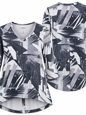 SIMPLY ART BY DOLCEZZA | Abstract High Low Button Back Long Sleeve Tunic Top | M